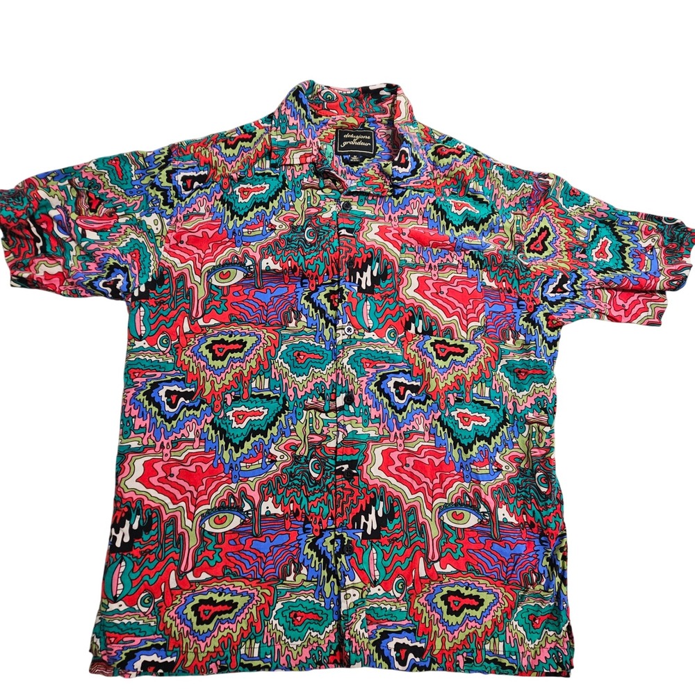 Delusions of Grandeur Button Down Shirt Mens Medium Camp Collar Trippy Eye Print